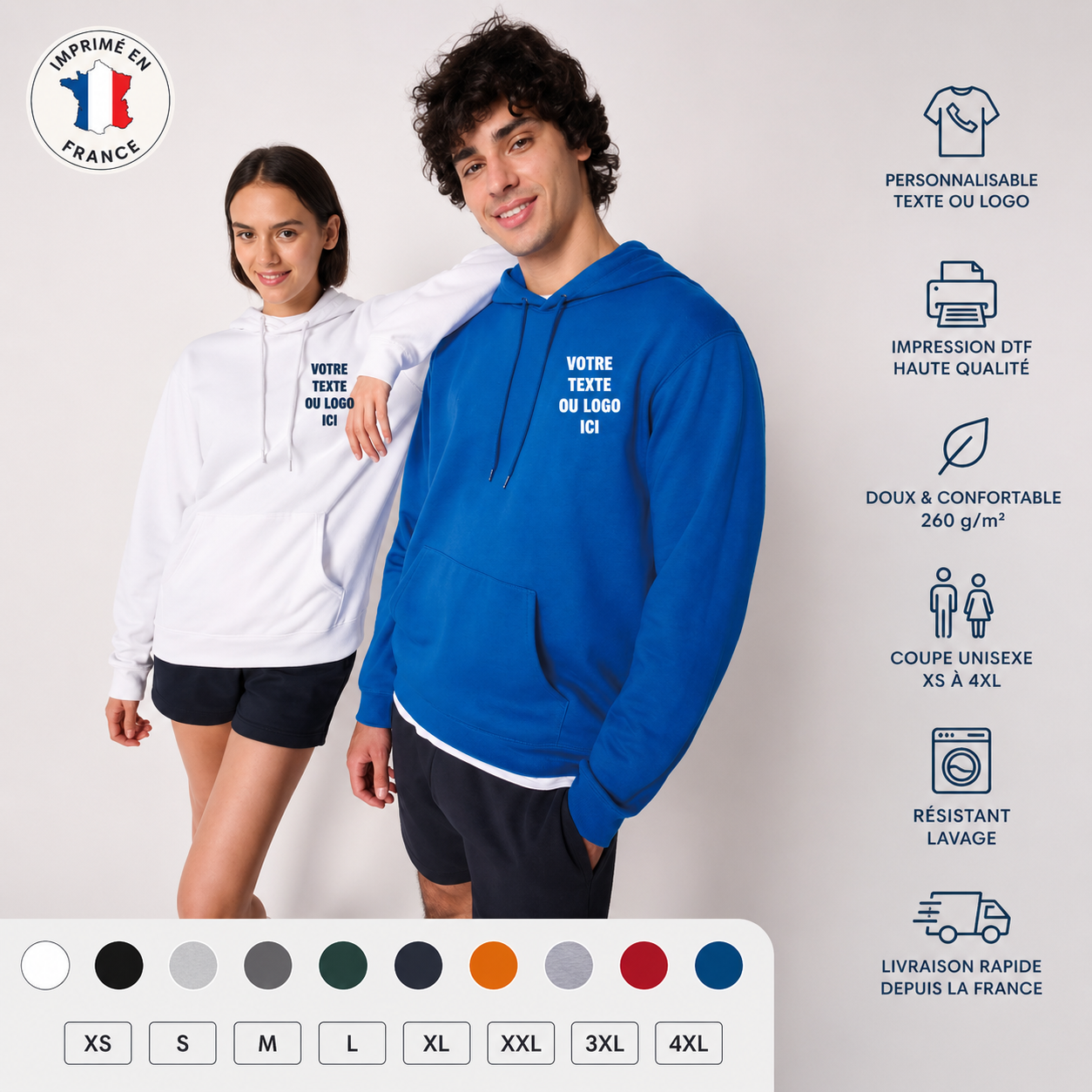 Sweat personnalisé à capuche – Texte ou logo