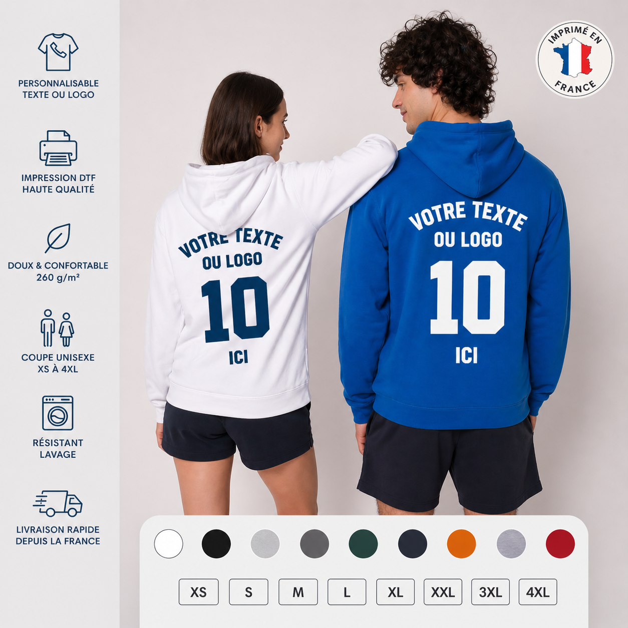 Sweat personnalisé à capuche – Texte ou logo