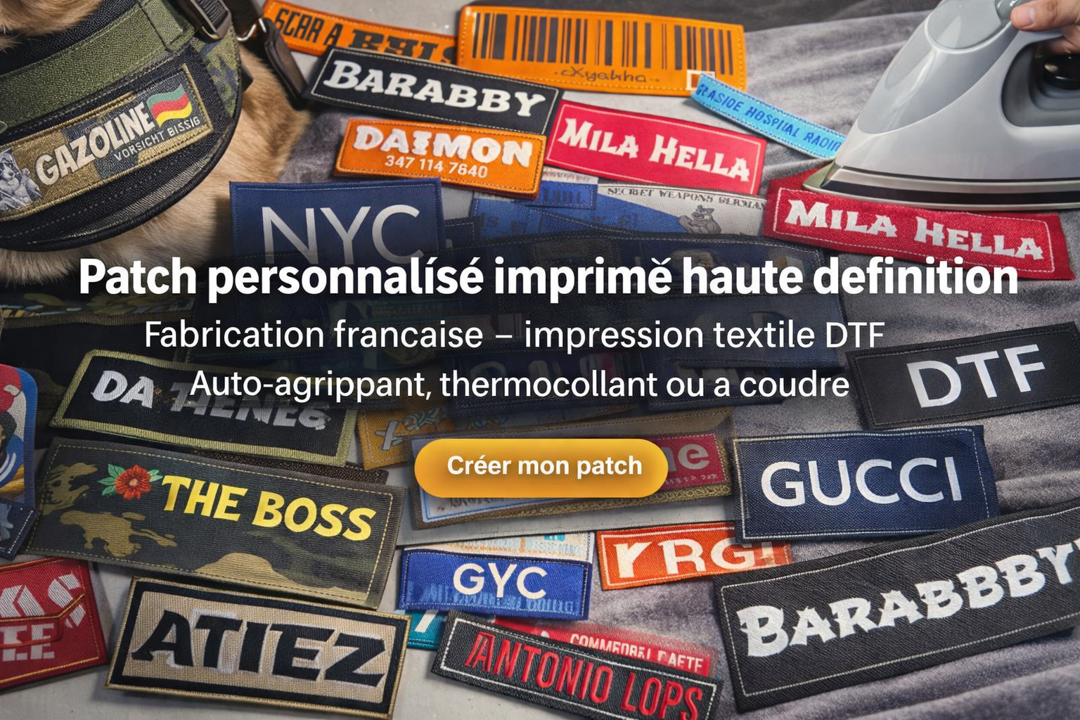 Patch imprimé personnalisé 12x3 cm – auto agrippant, thermocollant ou à coudre