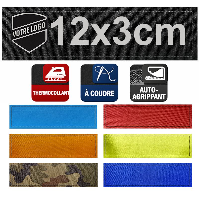 Patch imprimé personnalisé 12x3 cm – auto agrippant, thermocollant ou à coudre