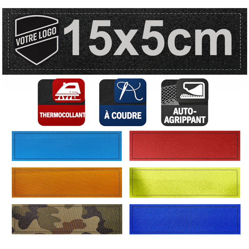 Patch imprimé personnalisé 15x5 cm – auto agrippant, thermocollant ou à coudre