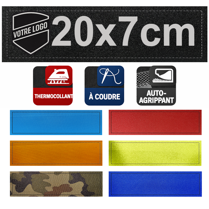 Patch imprimé personnalisé 20x7 cm – auto agrippant, thermocollant ou à coudre